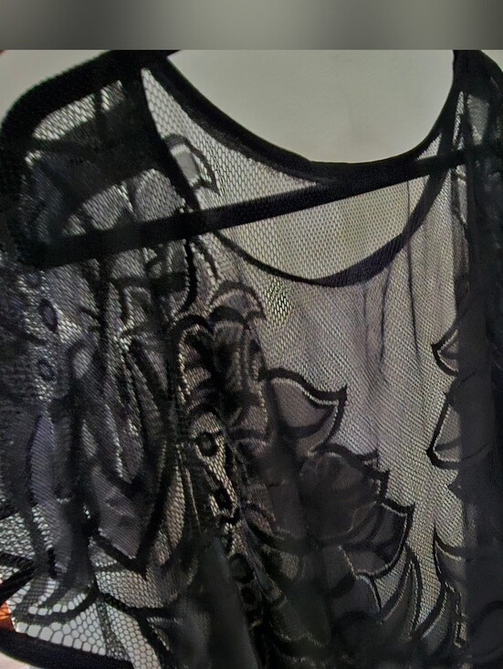 None Tops - ​VTG Style Black Sheer Mesh Floral Lace Poncho Kimono Fringe Kaftan Top
